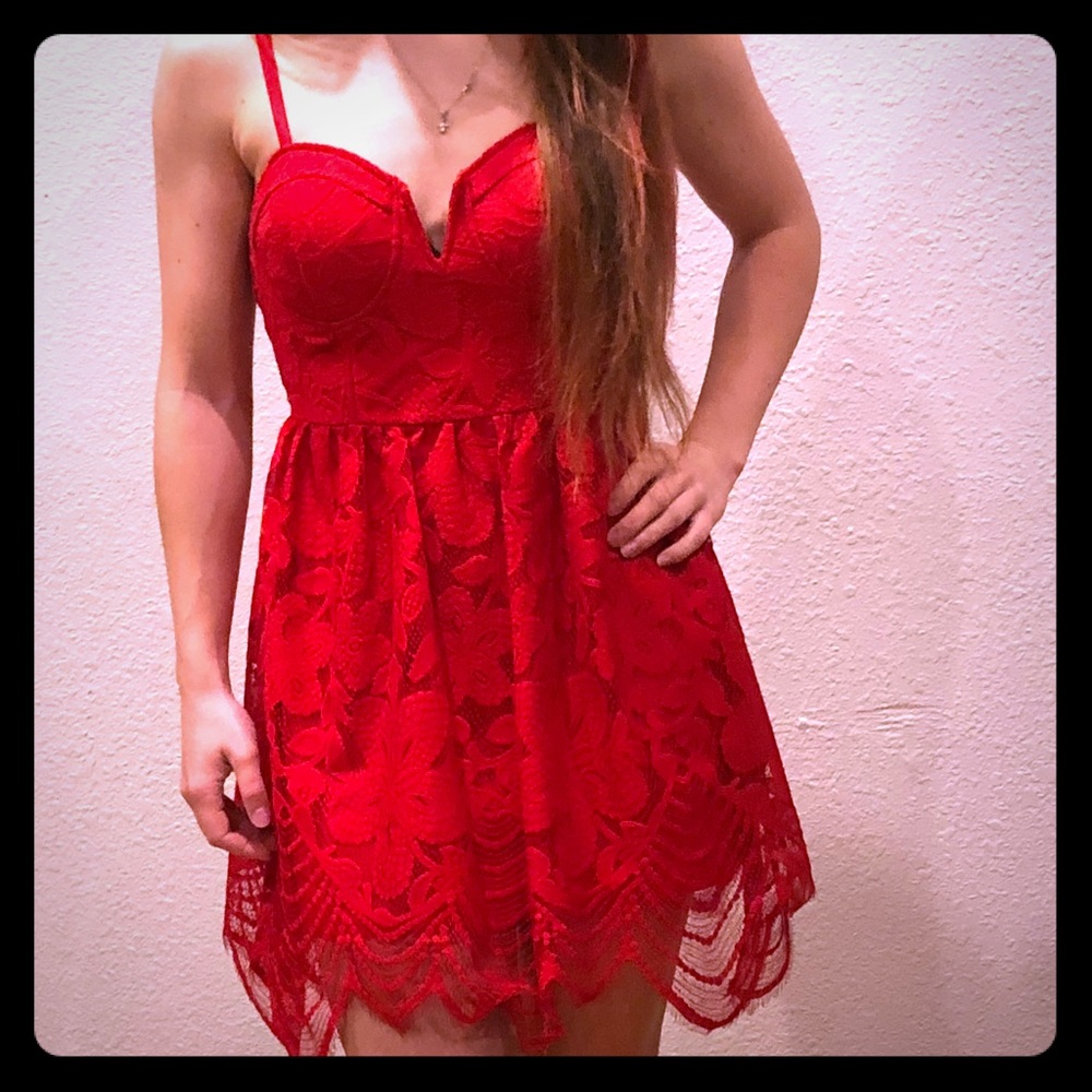 Red Lace Corset Style Top A-Line Dress